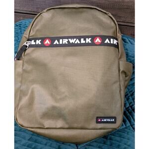 Airwalk Olive Green Backpack Book Bag 15" x 12" Pockets Black White Red Trim NWT